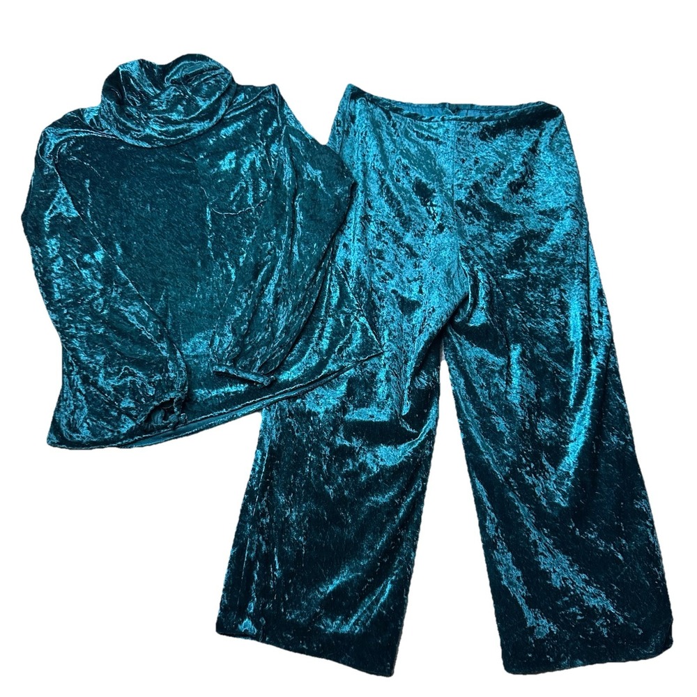 Womens M Cottagecore Retro Glam Teal Crushed Velvet Velor Cowl Neck Festival Set